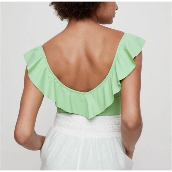 Aritzia Wilfred Danette Neon Ivy Ruffle Swim Bodysuit One Piece Top - Picture 3 of 13
